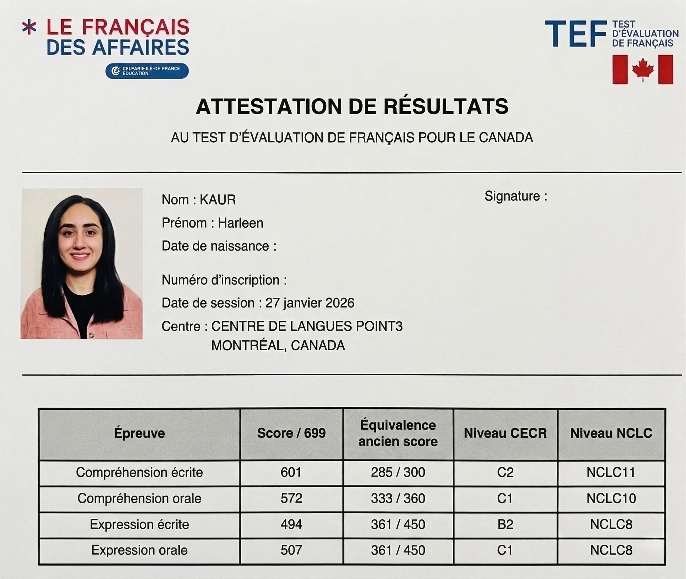 Student TEF/TCF Result Certificate