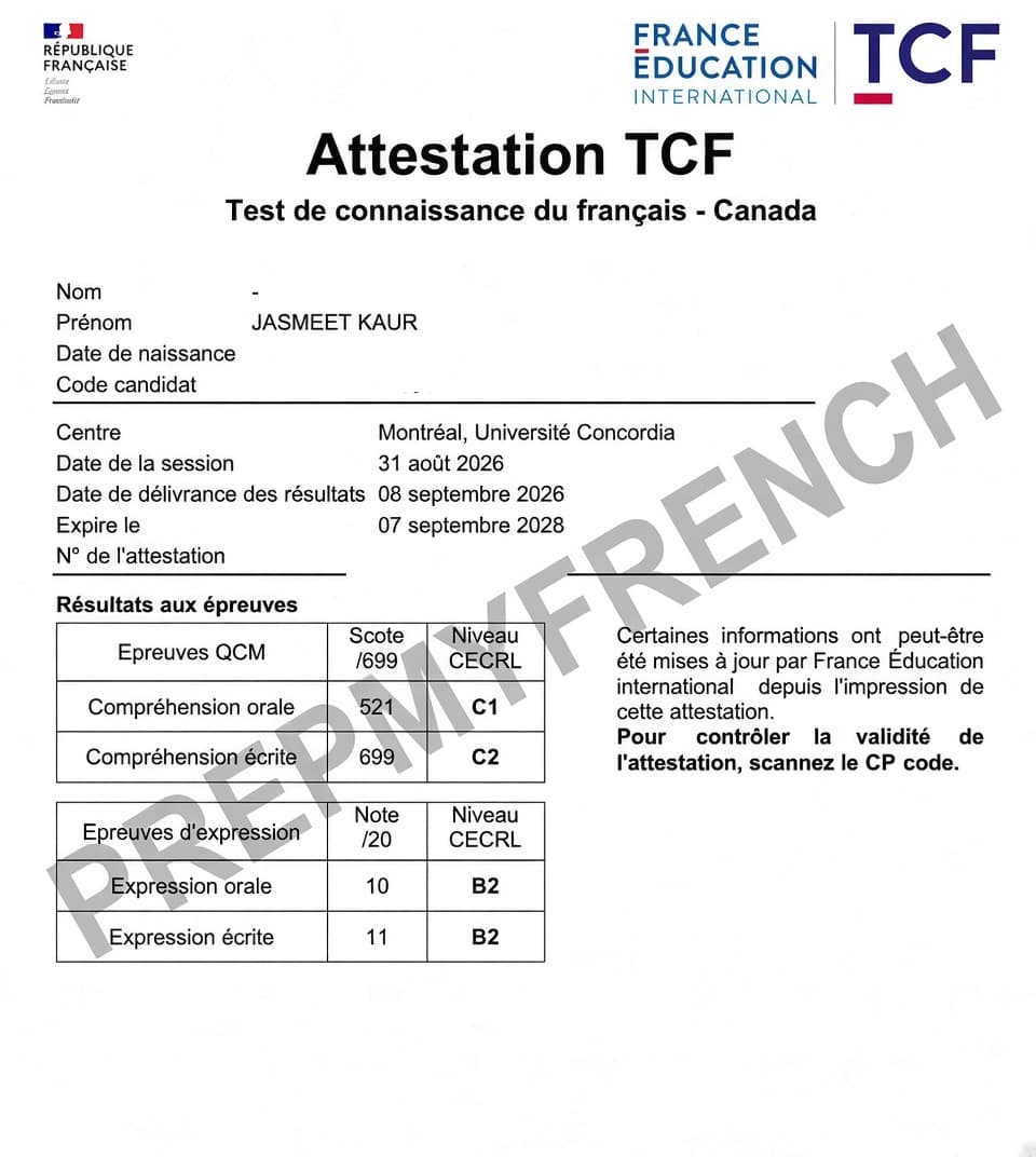 Student TEF/TCF Result Certificate
