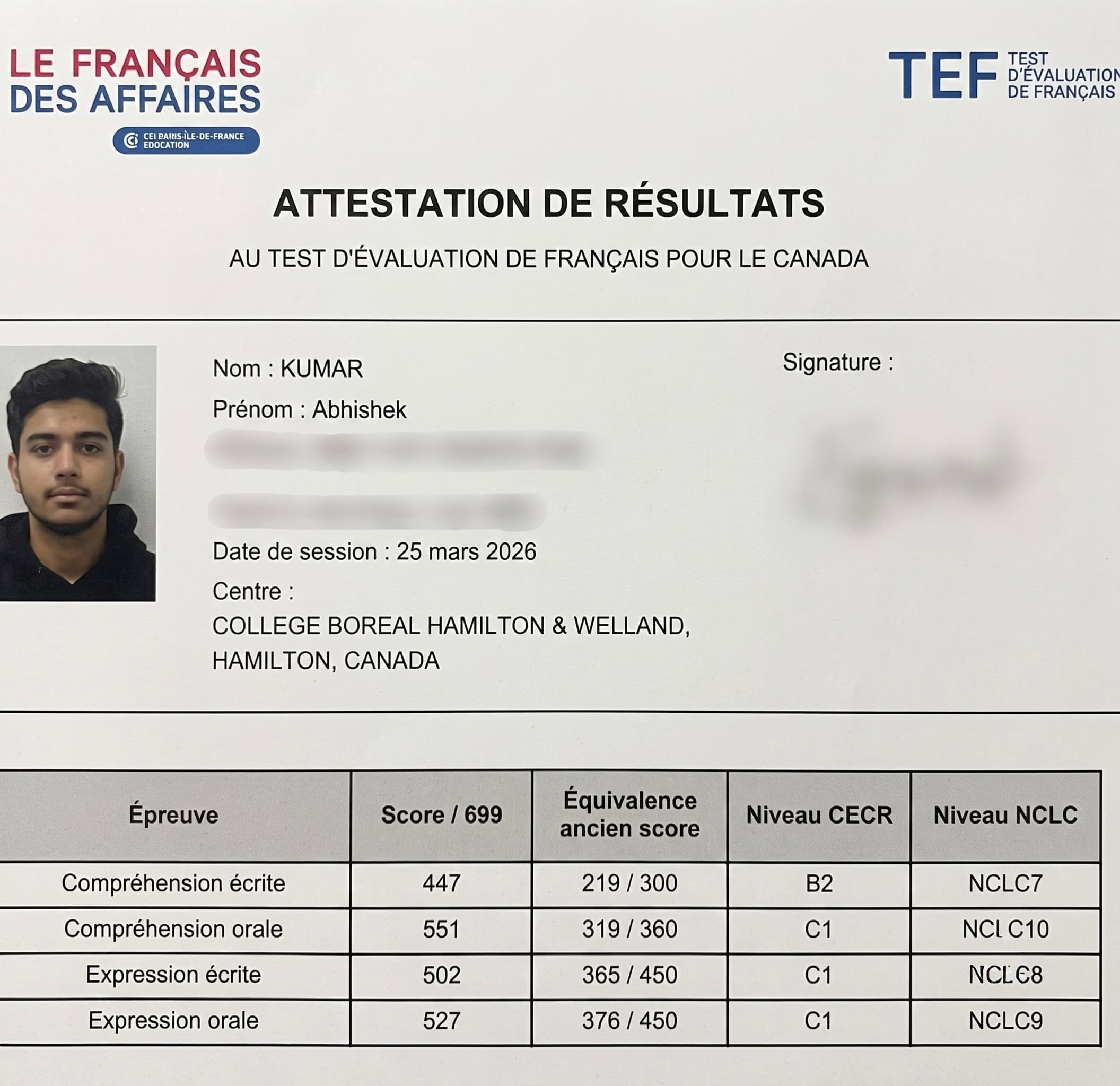 Student TEF/TCF Result Certificate