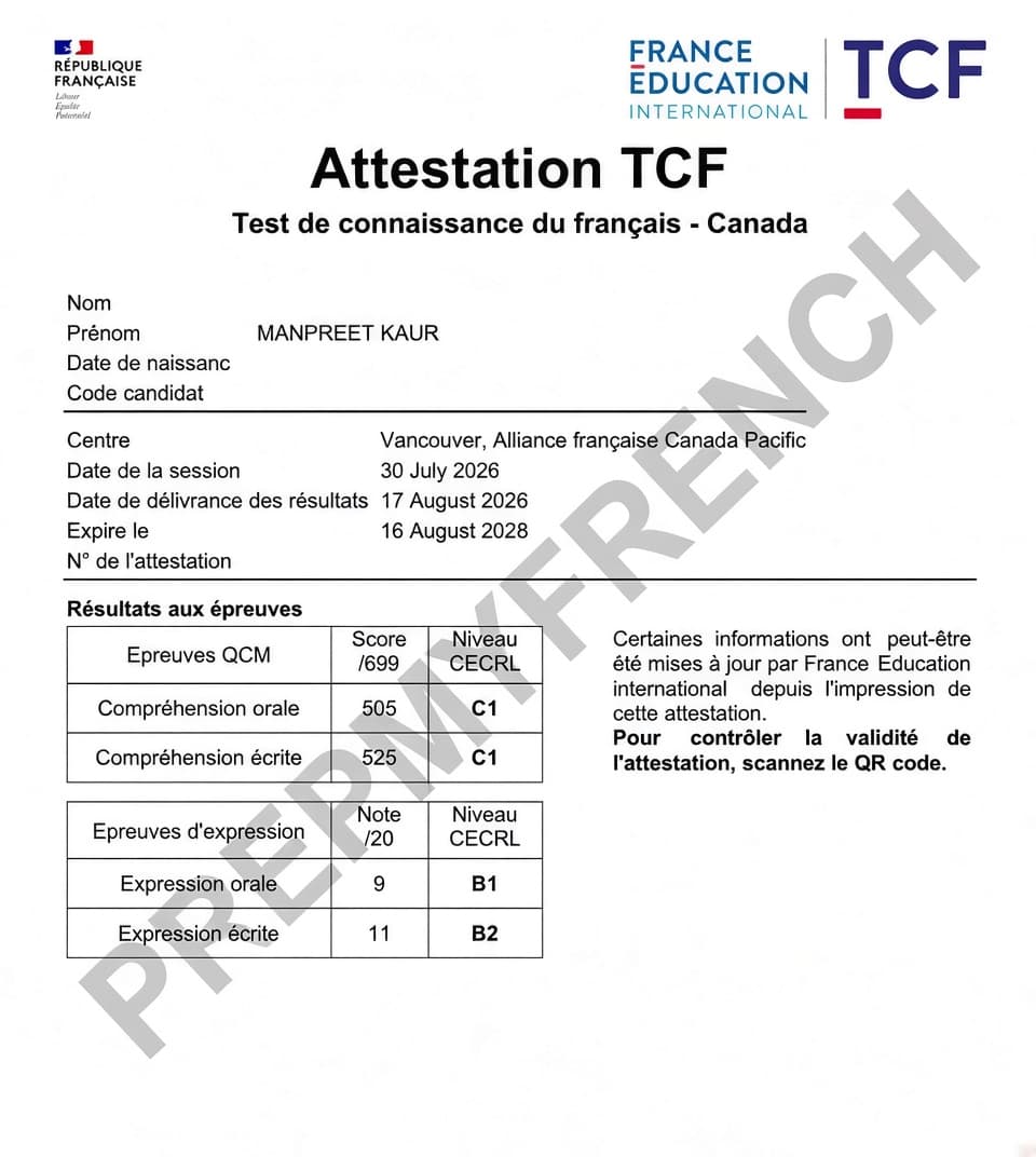Student TEF/TCF Result Certificate