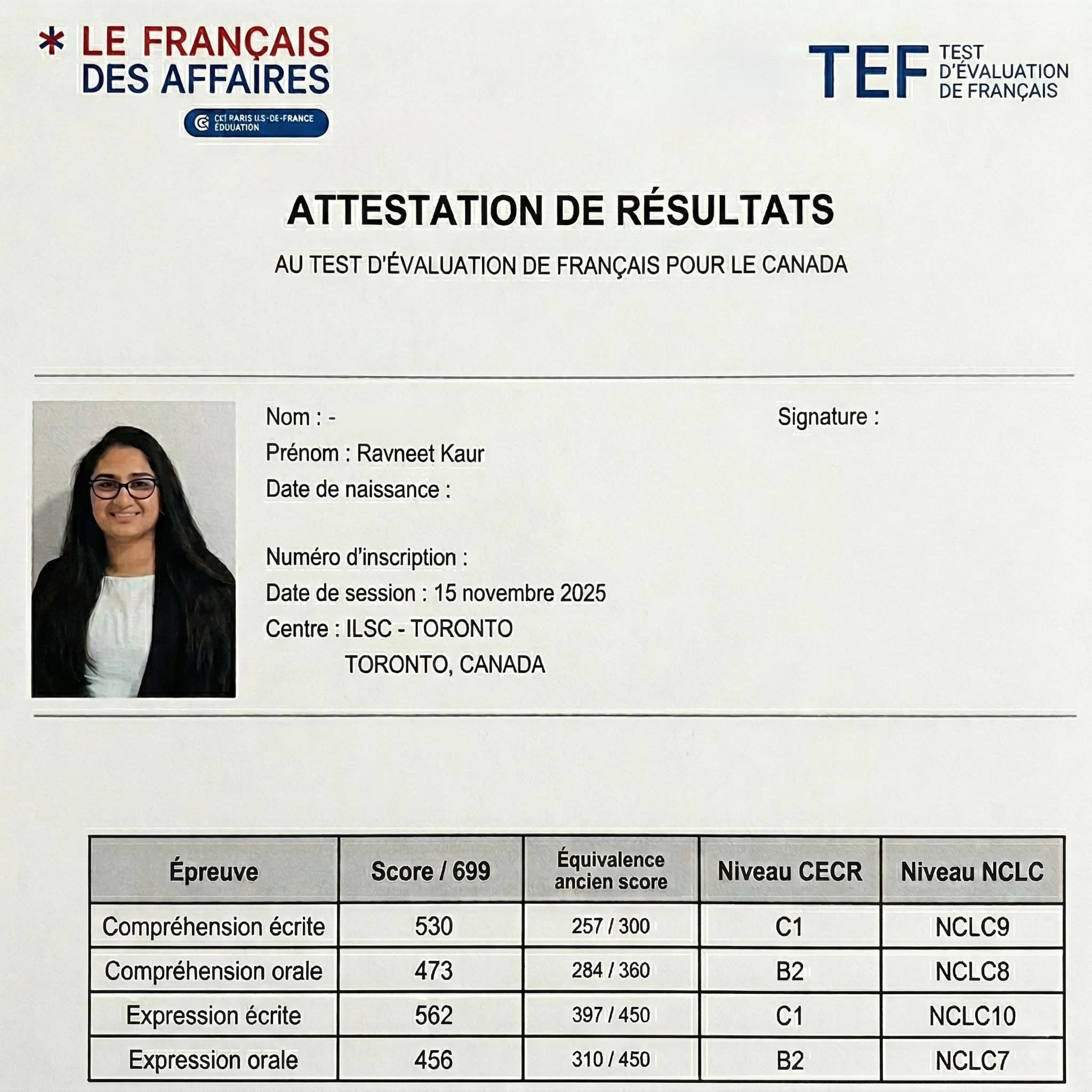 Student TEF/TCF Result Certificate