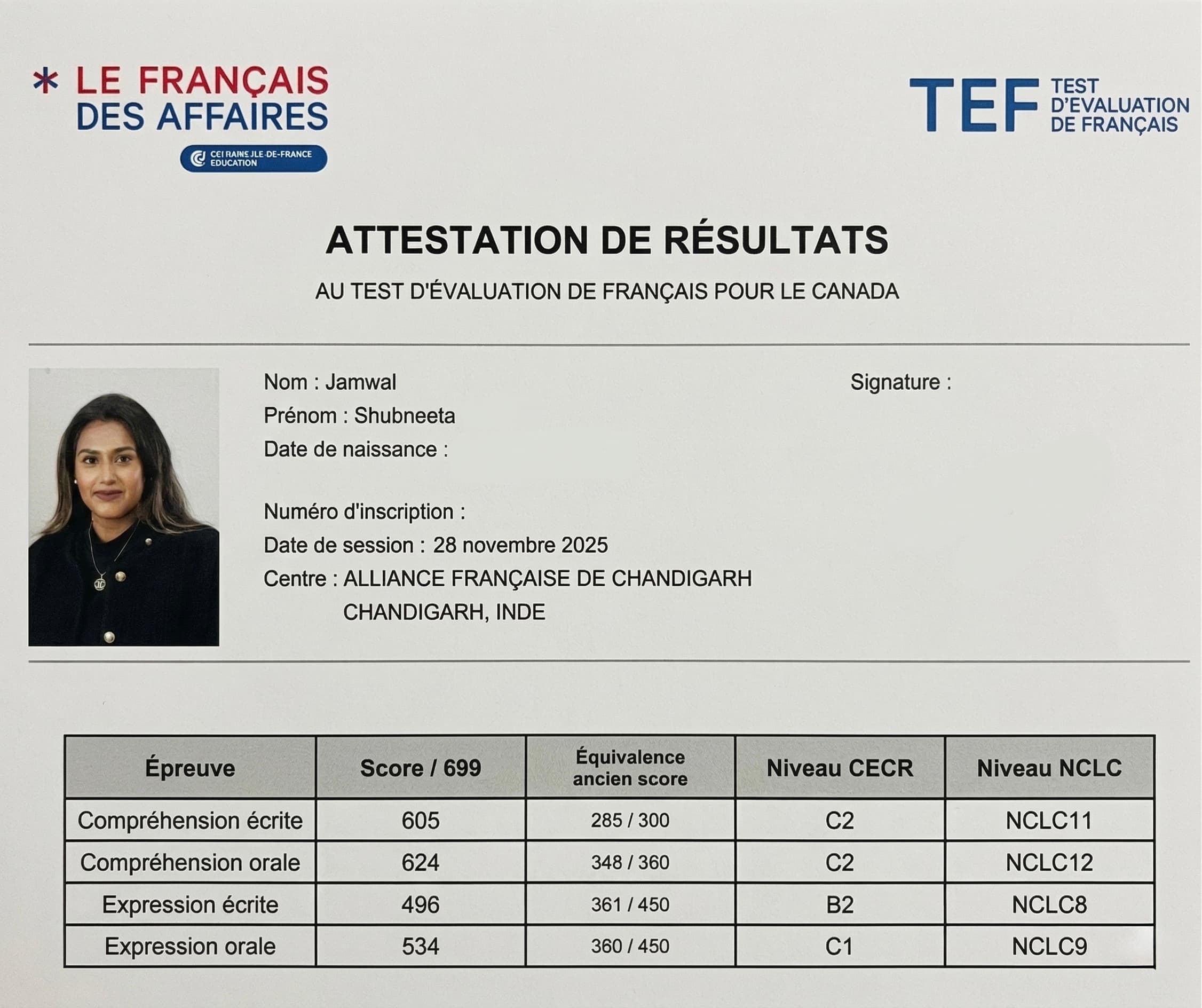 Student TEF/TCF Result Certificate